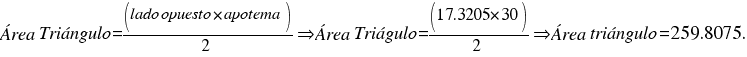 Área Triángulo = (lado opuesto*apotema)/2 doubleright Área Triágulo =(17.3205*30)/2 doubleright Área triángulo = 259.8075.