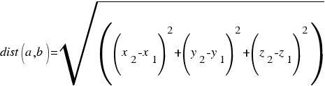 dist(a,b)=sqrt((x_2-x_1)^2+(y_2-y_1)^2+(z_2-z_1)^2)