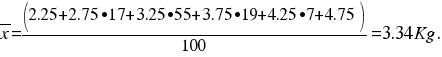 overline{x} = (2.25+2.75 •17+3.25 •55+3.75 •19+4.25 •7+4.75)/100 = 3.34 Kg. overline{x} = (2.25+2.75 •17+3.25 •55+3.75 •19+4.25 •7+4.75)/100 = 3.34 Kg.