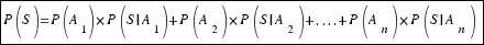 tabular{11}{11}{{P(S)=P(A_1)*P(S|A_1)+P(A_2)*P(S|A_2)+....+P(A_n)*P(S|A_n)}}