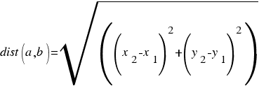 dist(a,b)=sqrt((x_2-x_1)^2+(y_2-y_1)^2)