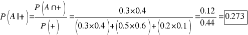 {P(A|+)= {P(A{inter}+)}/{P(+)}=0.3*0.4/{(0.3*0.4)+(0.5*0.6)+(0.2*0.1)}= 0.12/0.44 = tabular{11}{11}{0.273}} {P(A|+)= {P(A{inter}+)}/{P(+)}=0.3*0.4/{(0.3*0.4)+(0.5*0.6)+(0.2*0.1)}= 0.12/0.44 = tabular{11}{11}{0.273}}