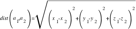 dist(a_1, a_2) = sqrt{(x_1-x_2)^2+(y_1-y_2)^2+(z_1-z_2)^2}