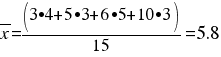 overline{x} = (3•4+5•3+6•5+ 10•3)/15 = 5.8