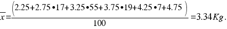 overline{x} = (2.25+2.75 •17+3.25 •55+3.75 •19+4.25 •7+4.75)/100 = 3.34 Kg.